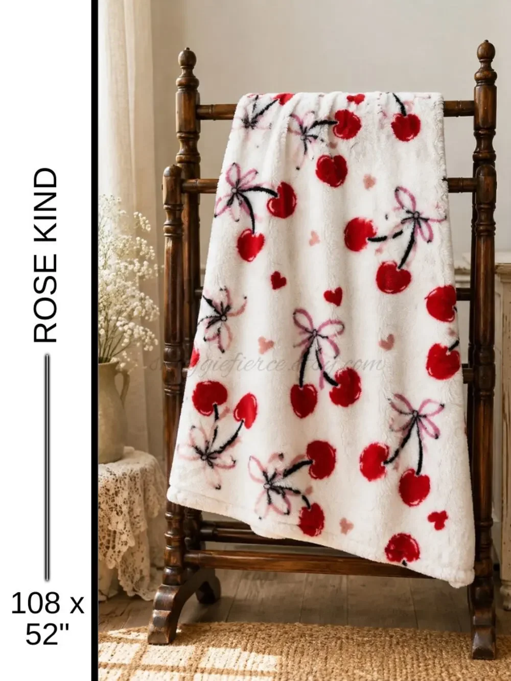 MSRP: $69.99 | ✨ Rose Kind Cherry Bow Plush Oversized Throw Blanket 108” x 52” ✨